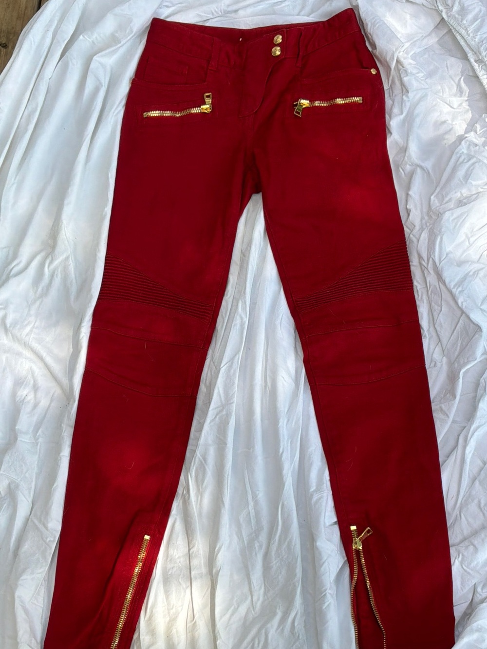 Balmain Red Skinny Moto Jeans with Gold Zipper Accents